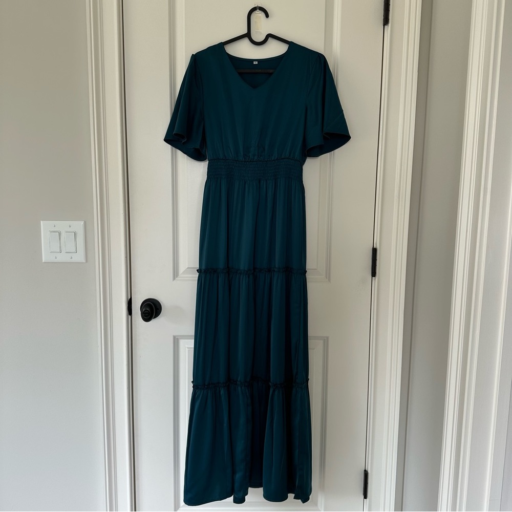 Satin-like Shirt Sleeve Maxi Dress.